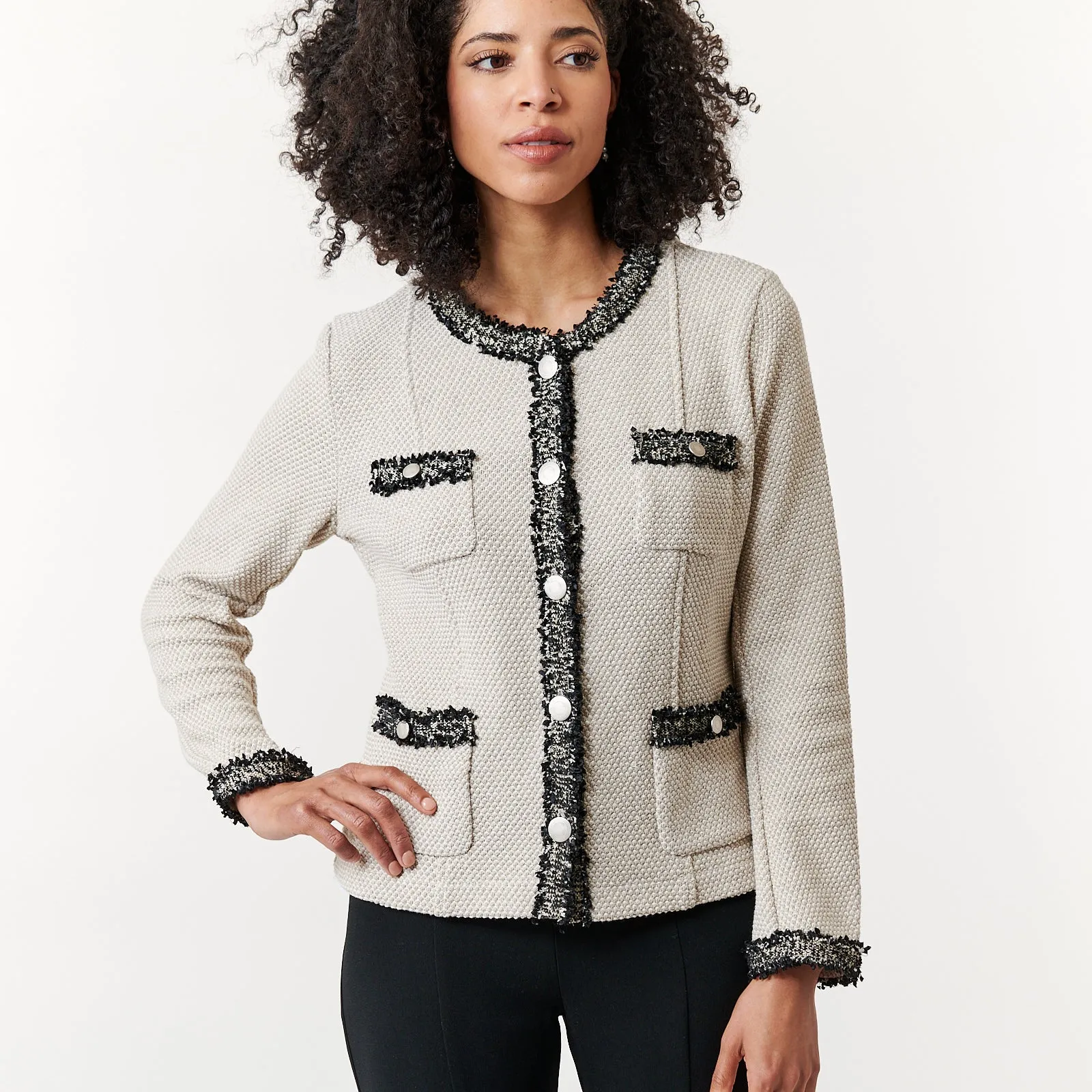 Aldo Martins, Sustainable Knit, Cal boucle jacket in Ivory with black trim