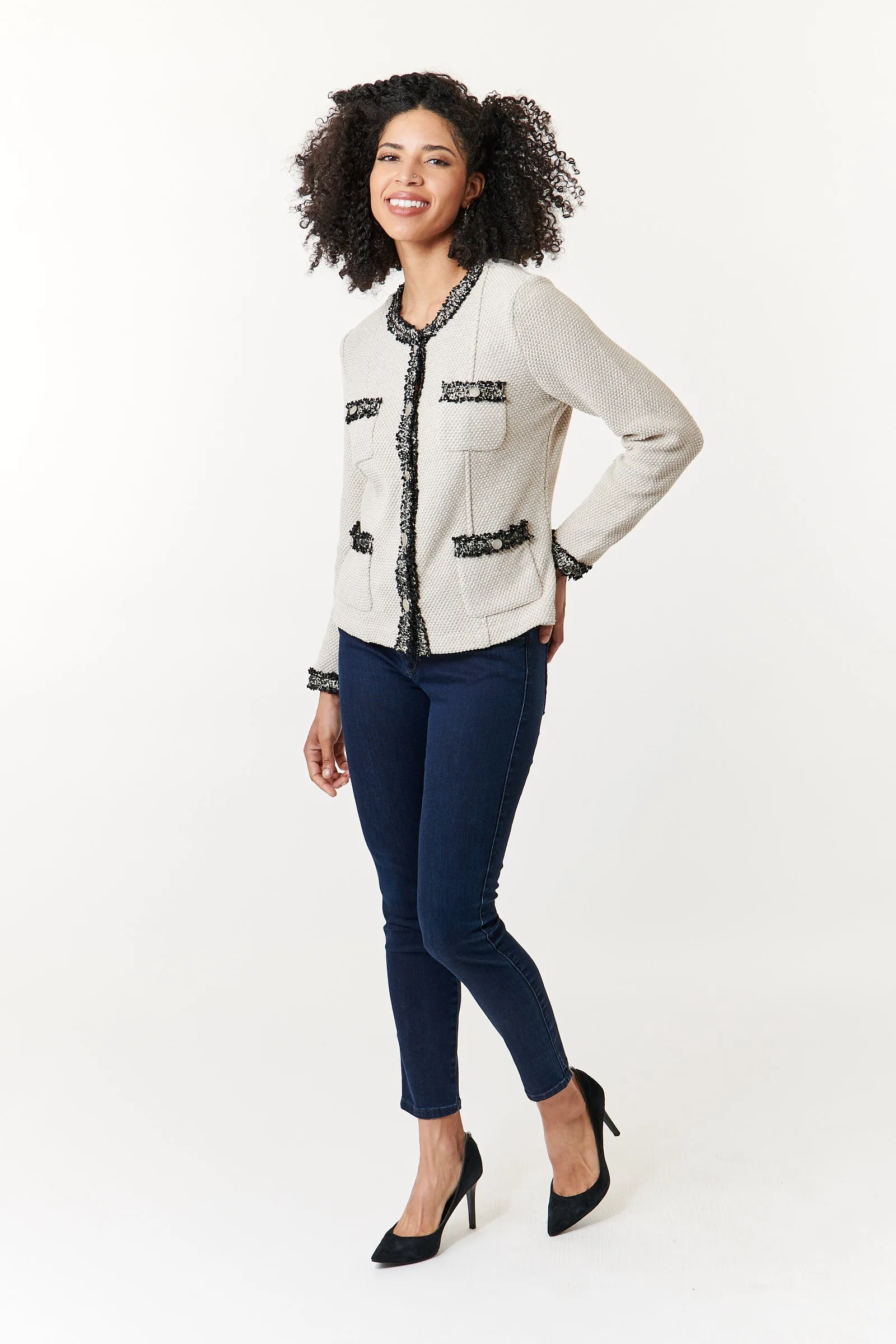 Aldo Martins, Sustainable Knit, Cal boucle jacket in Ivory with black trim