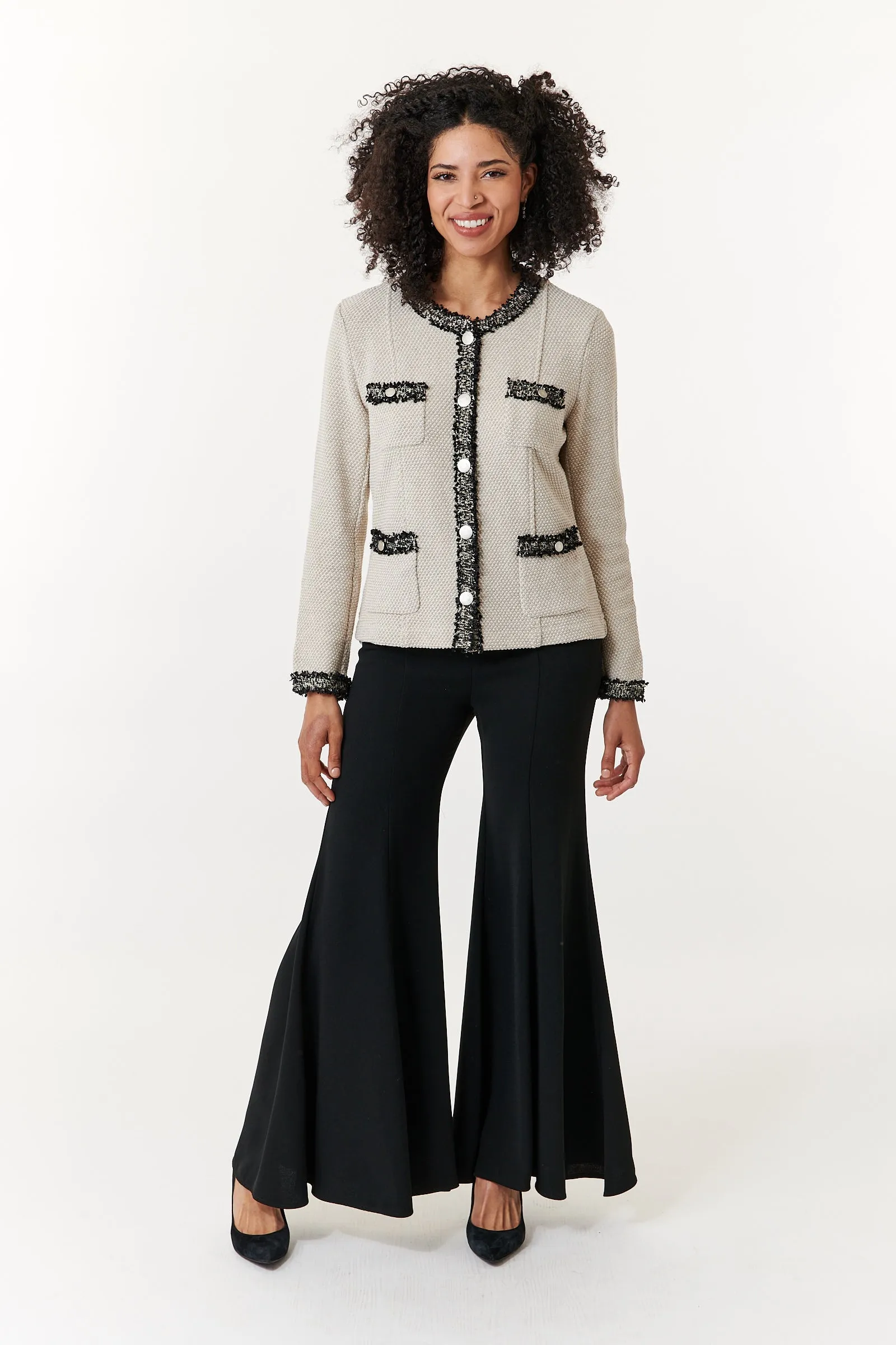 Aldo Martins, Sustainable Knit, Cal boucle jacket in Ivory with black trim