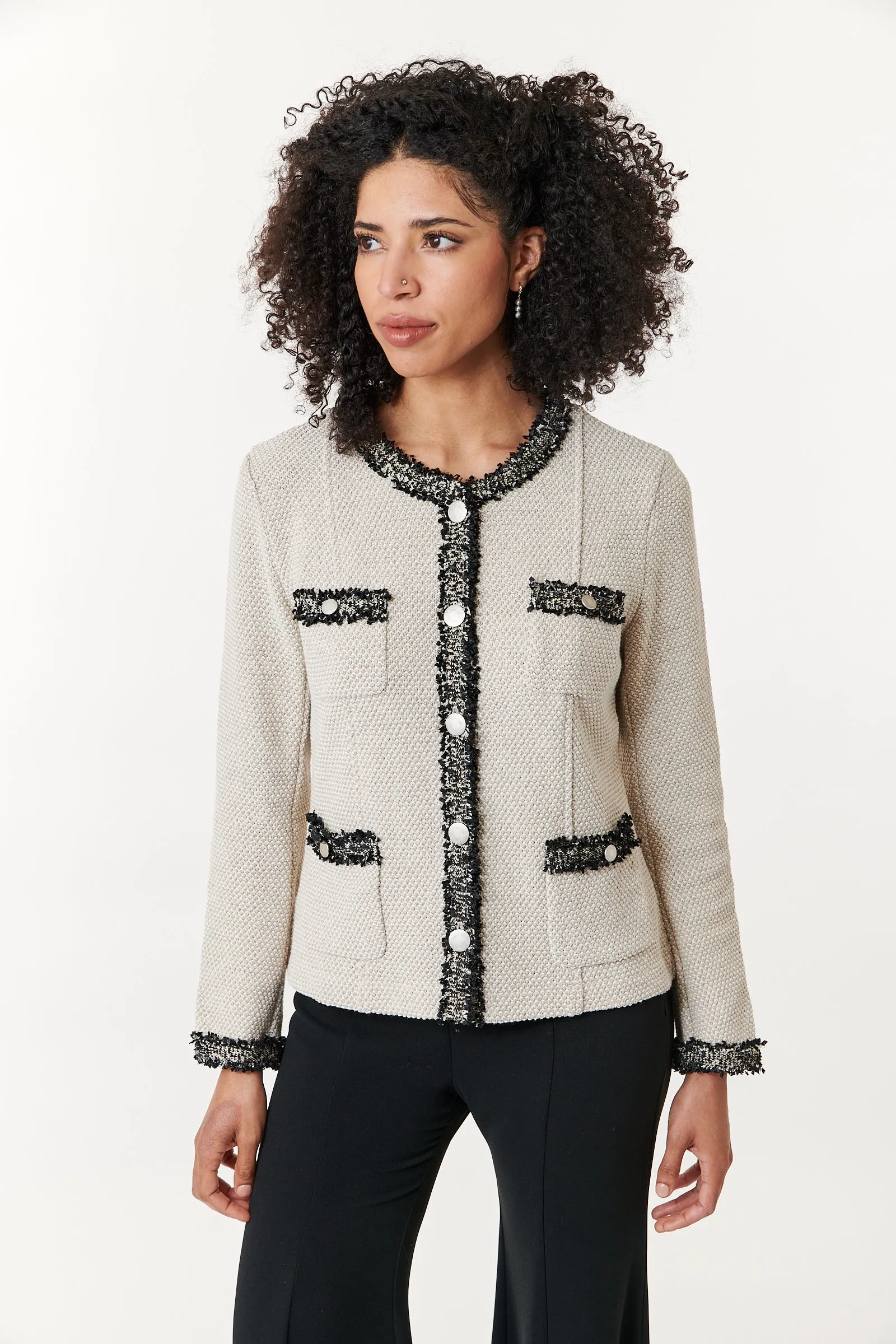 Aldo Martins, Sustainable Knit, Cal boucle jacket in Ivory with black trim