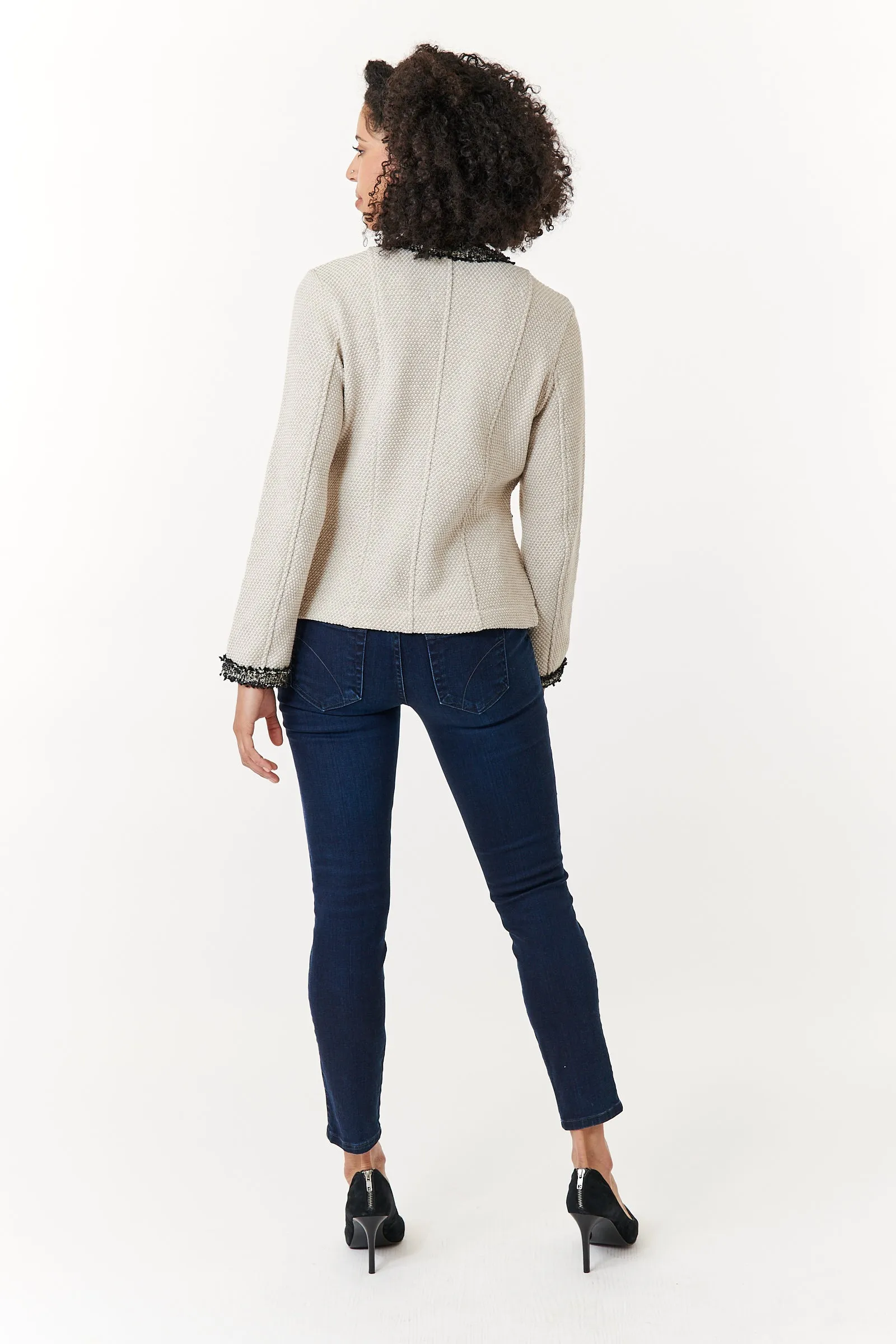 Aldo Martins, Sustainable Knit, Cal boucle jacket in Ivory with black trim