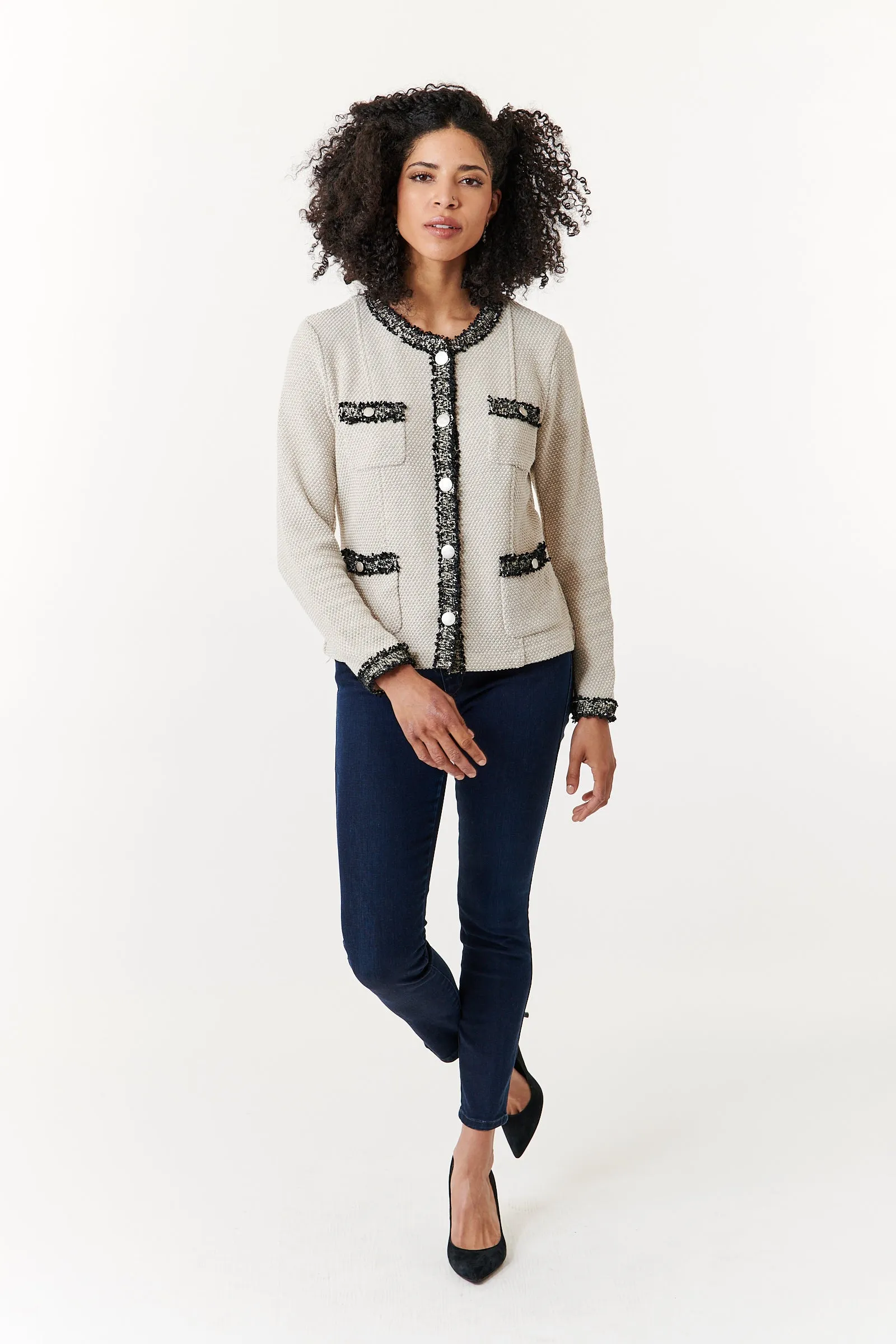 Aldo Martins, Sustainable Knit, Cal boucle jacket in Ivory with black trim