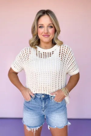Beige Crochet Short Sleeve Sweater Top
