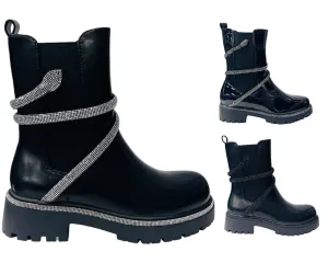 Faux Leather Rhinestone Snake Chelsea Boots