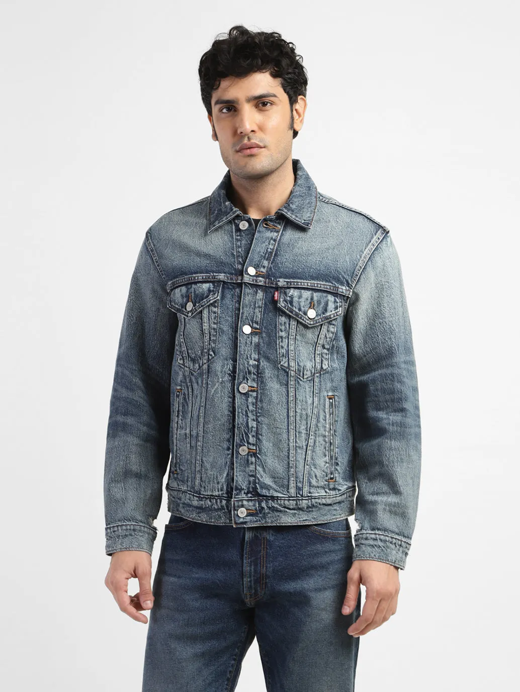 Men's Solid Blue Shirt Collar Denim Jacket