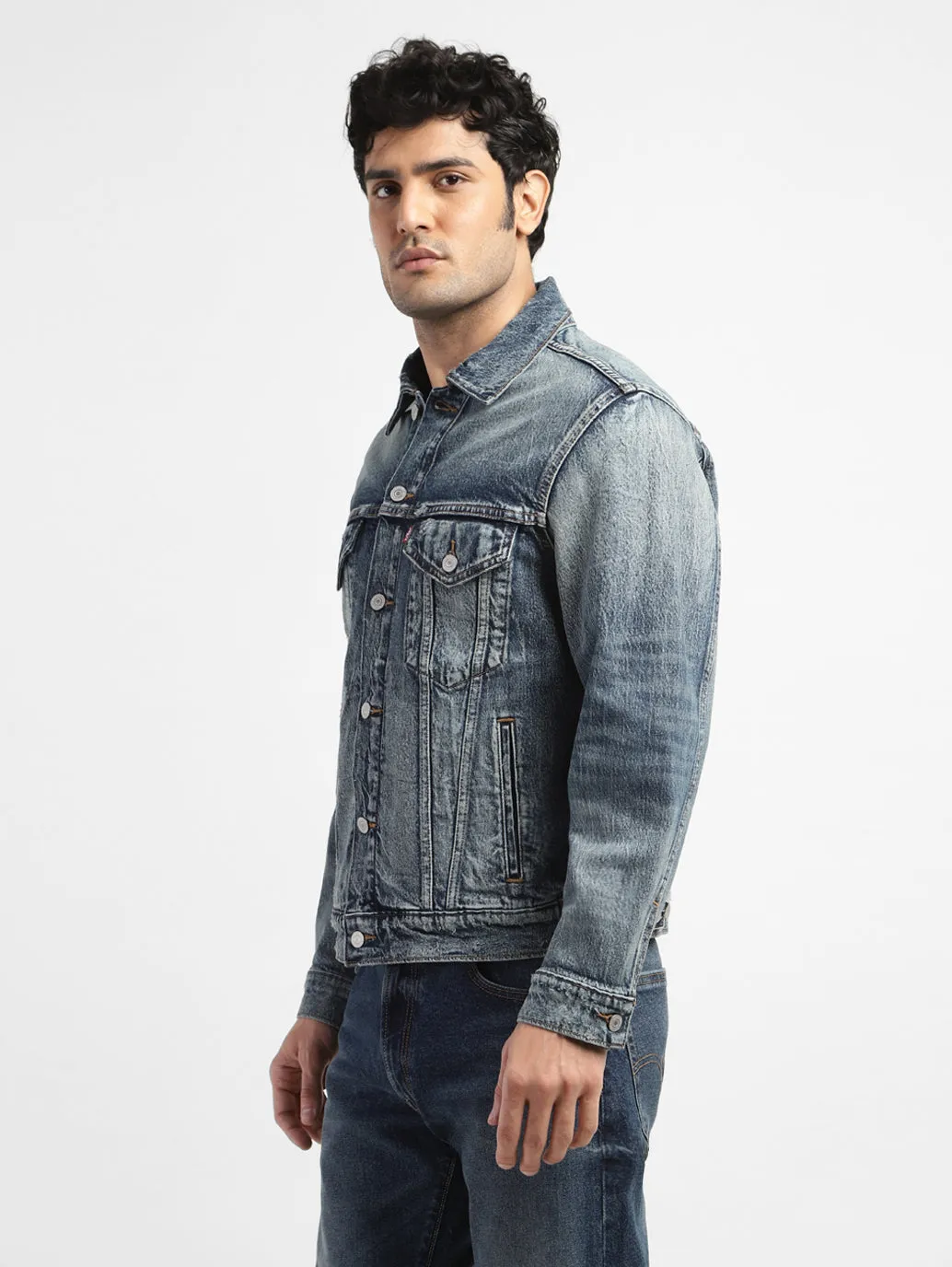 Men's Solid Blue Shirt Collar Denim Jacket