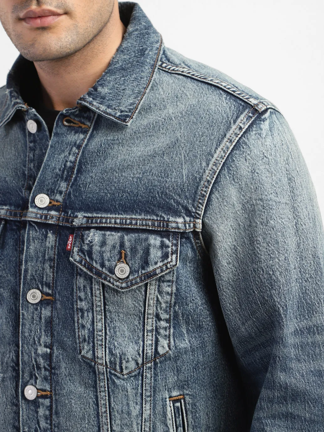 Men's Solid Blue Shirt Collar Denim Jacket