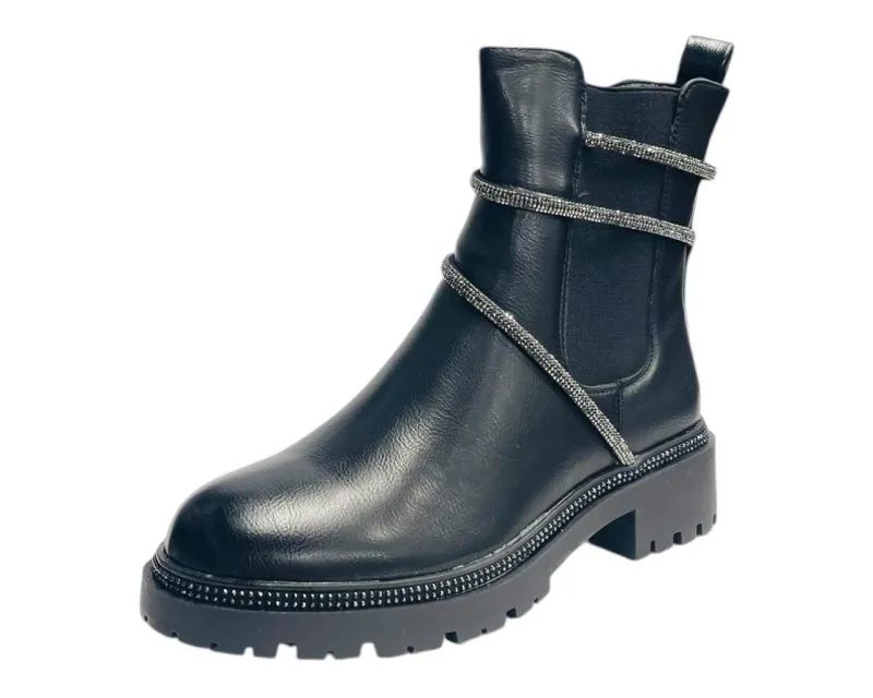 Rhinestone Faux Leather Zip Chelsea Boots